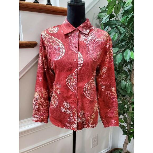 Westbound Women's Red Floral Cotton Long Sleeve Collared Button Down Shirt PL - Picture 1 of 10
